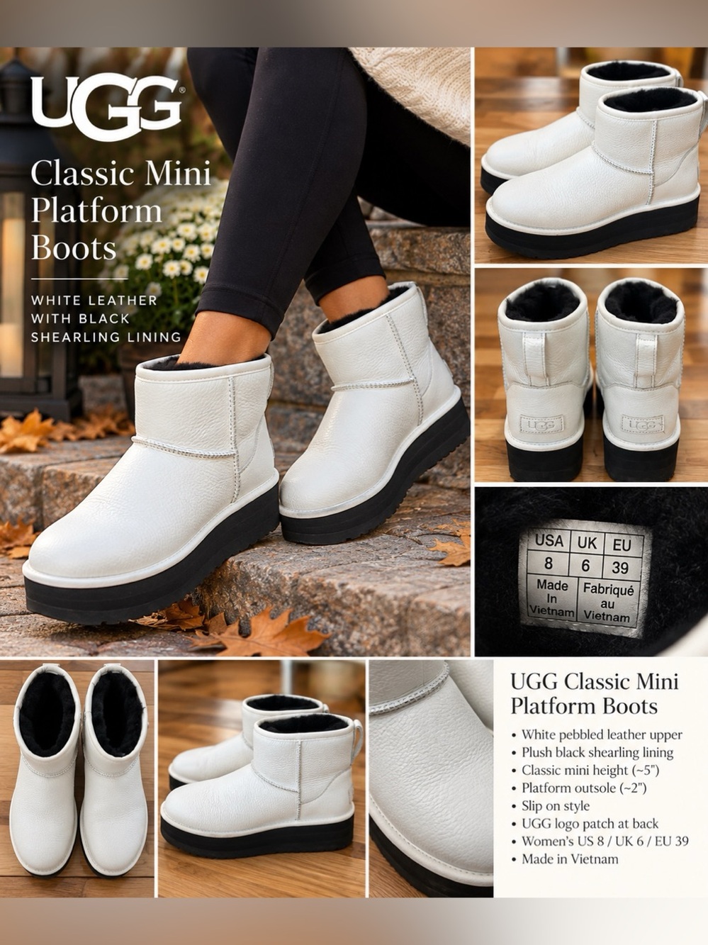 UGG Classic Mini Platform Boots White US 8 Like New